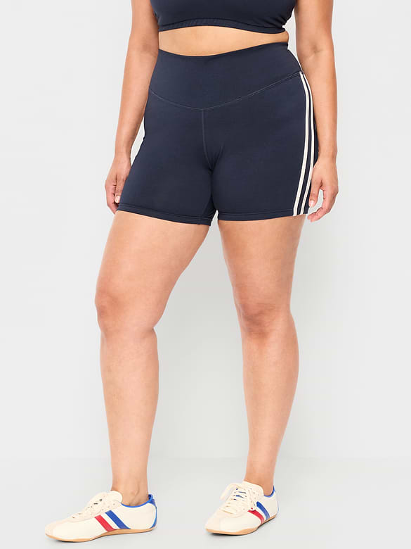 High-Waisted PowerChill Side-Stripe Biker Shorts -- 5-inch inseam
