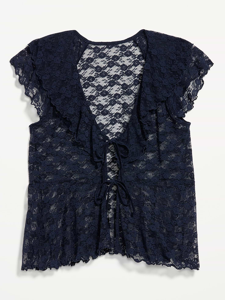 Image number 5 showing, Short-Sleeve Open-Front Lace Ruffle Top