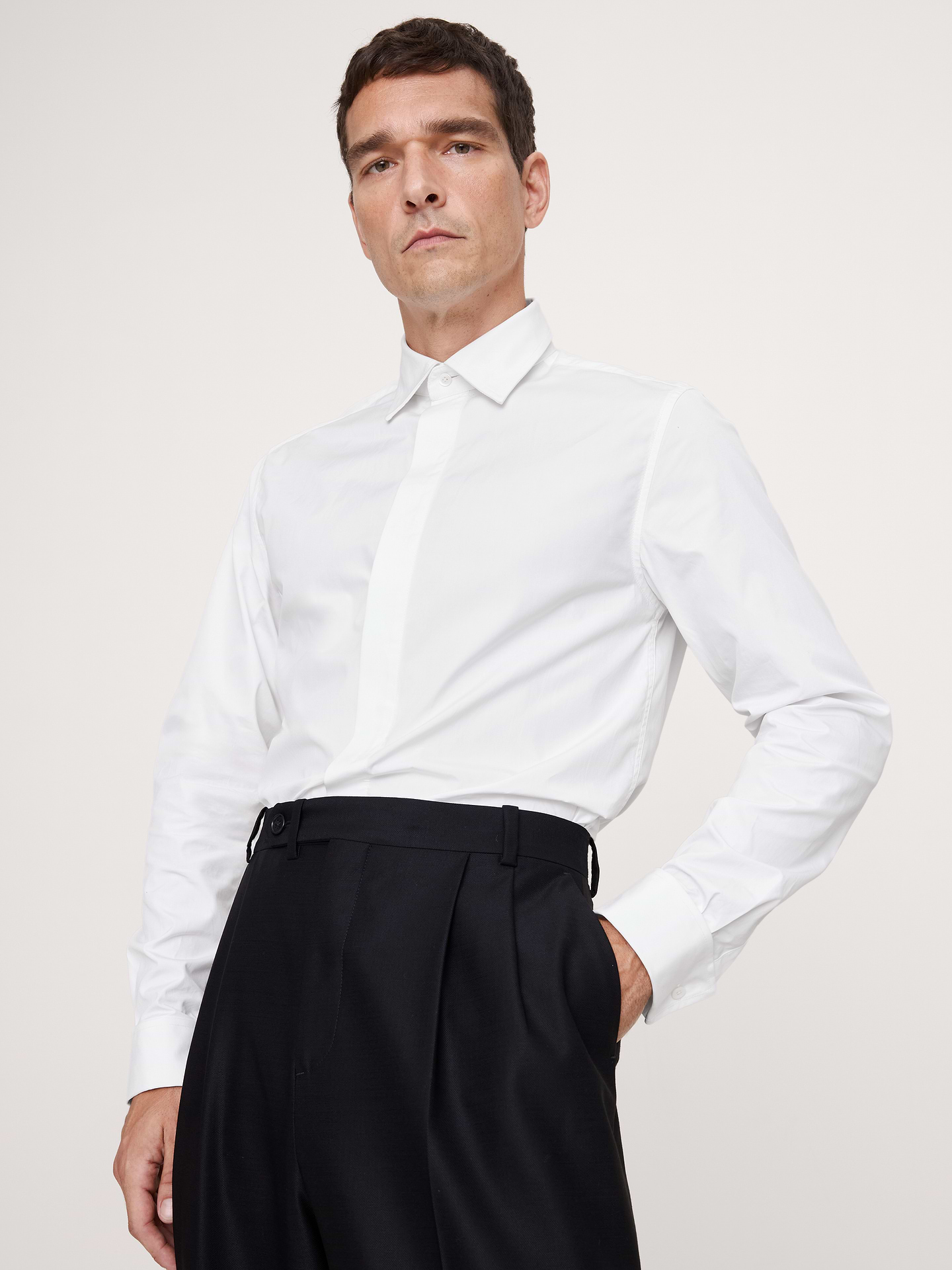 Image number 1 showing, Slim-Fit Cotton Poplin Tuxedo Shirt with Spread Collar