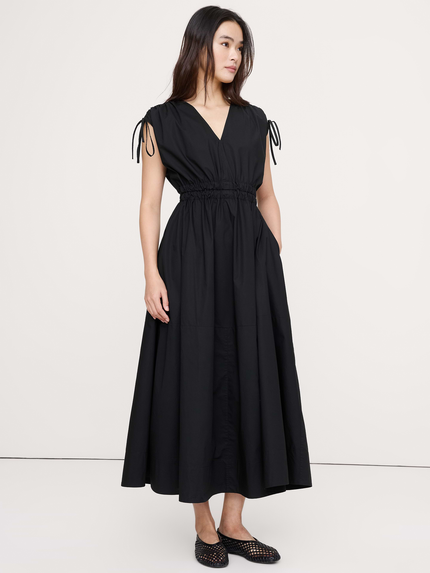Image number 1 showing, Poplin Ruched-Shoulder Maxi Dress