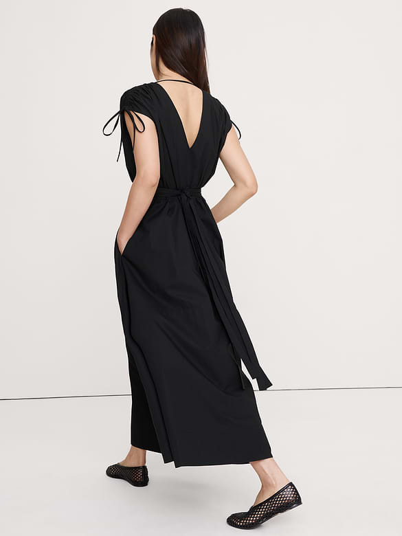Robe longue à épaules froncées en popeline