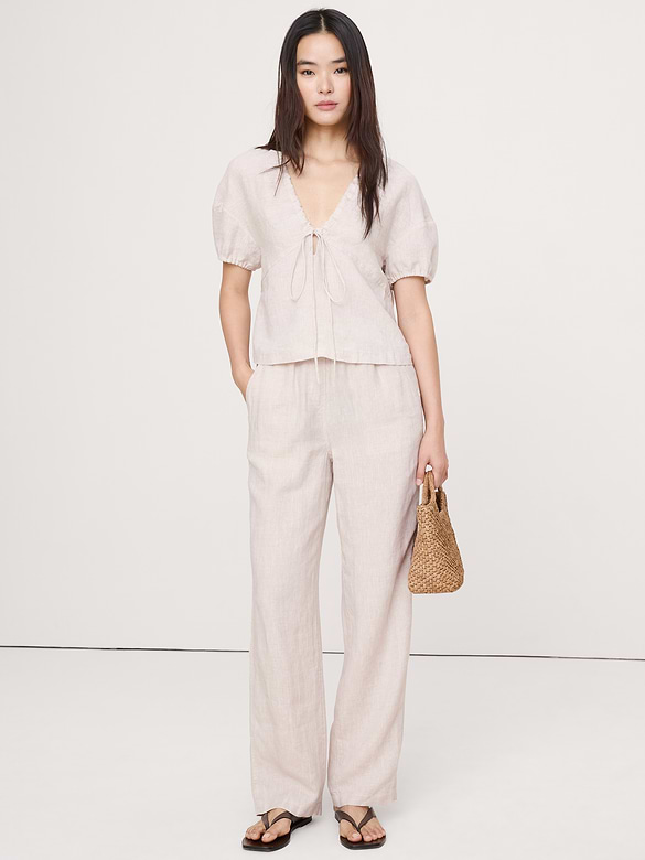 Linen Tie-Front V-Neck Top