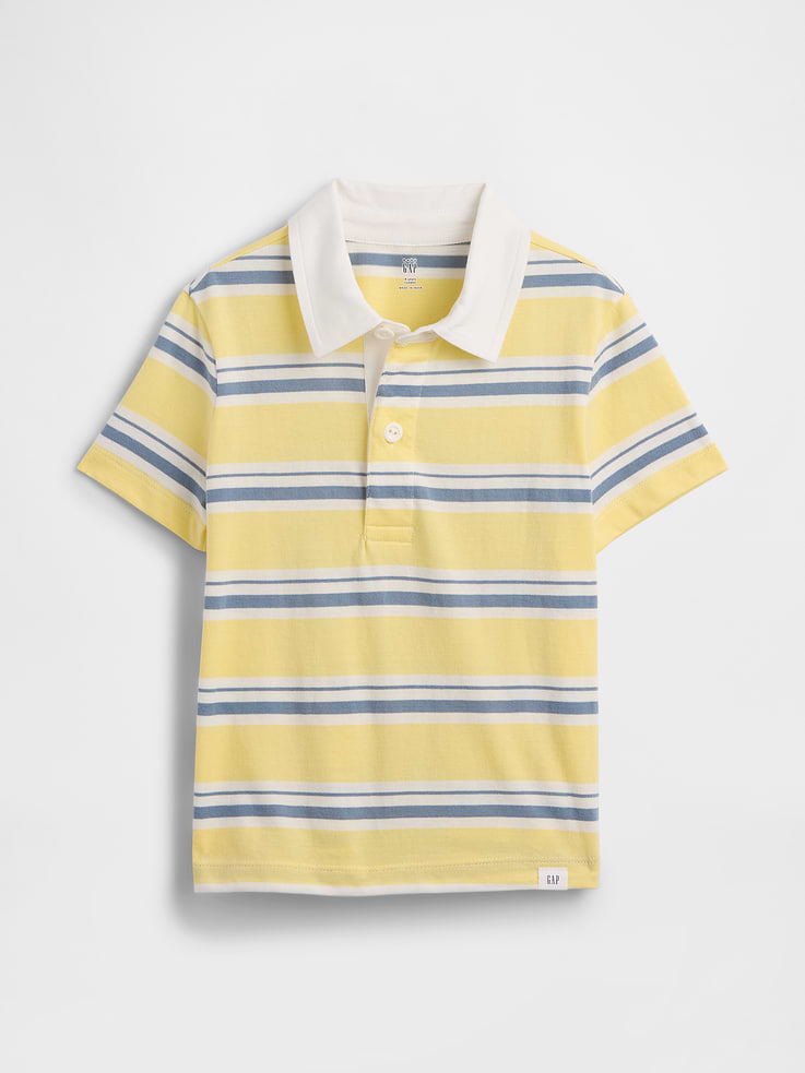 Image 1 of 3, Soft jersey knit., Short sleeves., Spread collar, henley button front., Allover stripes., This product was made in a factory that invests in gender equity and women’s empowerment through RISE. Learn more at gapinc.com/equity., Product #1172538