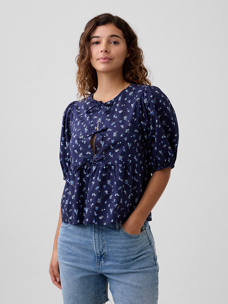 Image number 1 showing, Puff Sleeve Tie-Front Top