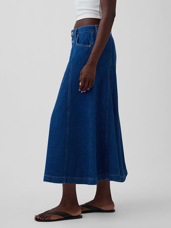 Seamed Denim Button-Front Maxi Skirt
