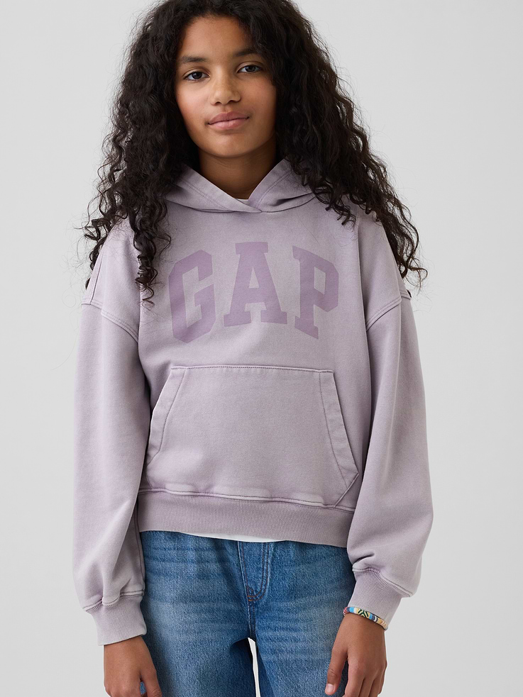 Image 1 of 6, Our softer than soft sweats. Brushed on the inside. Smooth on the outside. Made so that no two are alike., Soft cotton-blend fleece hoodie in a relaxed fit., Hooded neckline., Long sleeves with drop shoulders., Kanga pocket., Assorted colors & graphics., Certain styles have the Gap arch logo at front., Banded cuffs & hem., Made with 23% recycled polyester. Compared to virgin materials, using recycled materials helps reduce resource use and waste., Product #879365