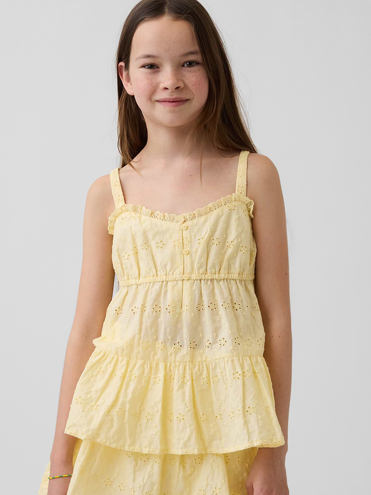 Image 1 of 5, Soft lawn cotton tank top., Sweetheart neckline with ruffled lace trim., Tank straps., Lined bodice., Elasticized empire waist., Tiered design., Allover embroidered eyelet detail., This product was made in a factory that invests in gender equity and women’s empowerment through RISE. Learn more at gapinc.com/equity ., Product #881652