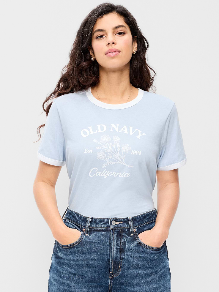 L'image numéro 6 présente T-shirt passe-partout à bords contrastants avec logo et imprimé
