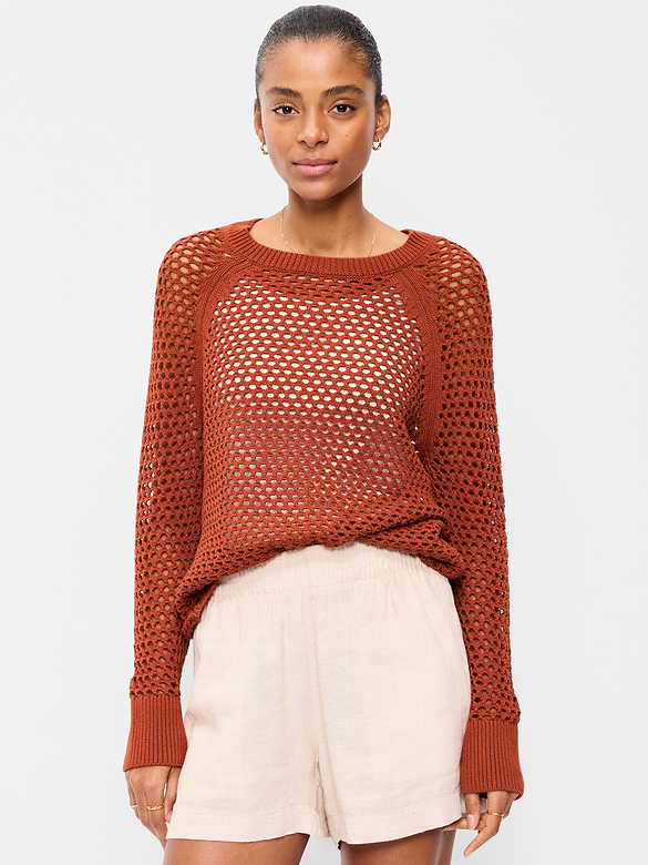 Seaside Cotton Open-Knit Raglan Sweater