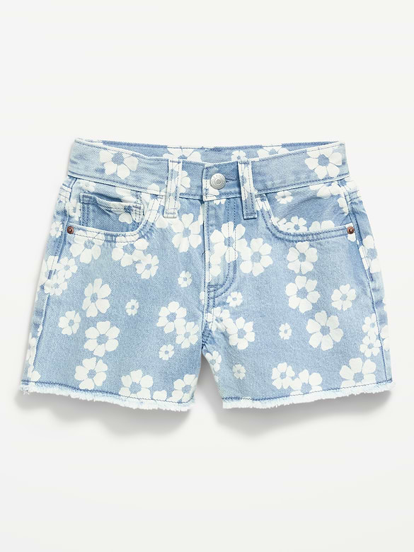 Short en denim à motif à taille haute et à ourlet effiloché pour fille