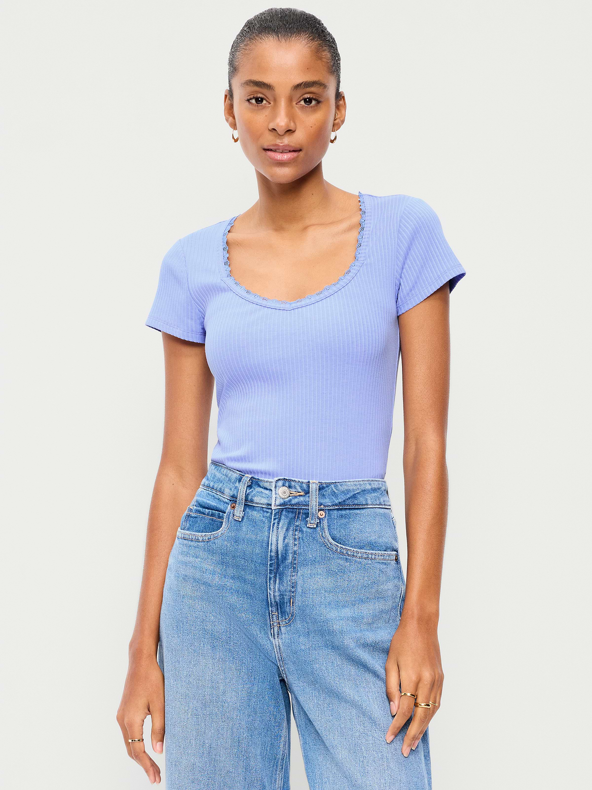 Lace-Trim Sweetheart-Neck Ribbed Top