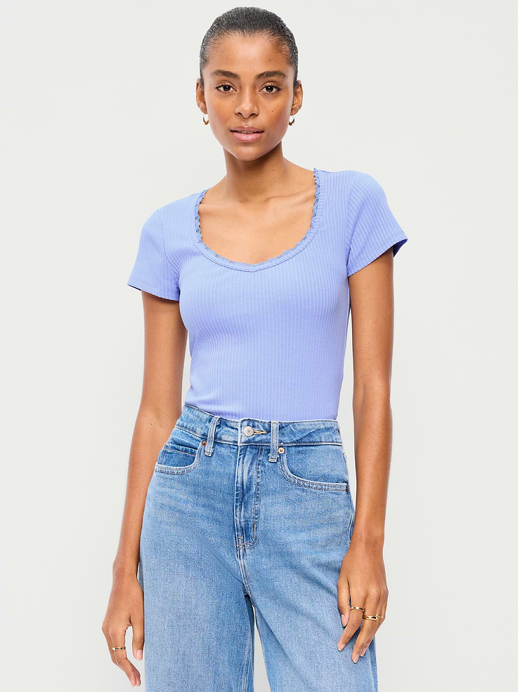 Image number 1 showing, Lace-Trim Sweetheart-Neck Ribbed Top
