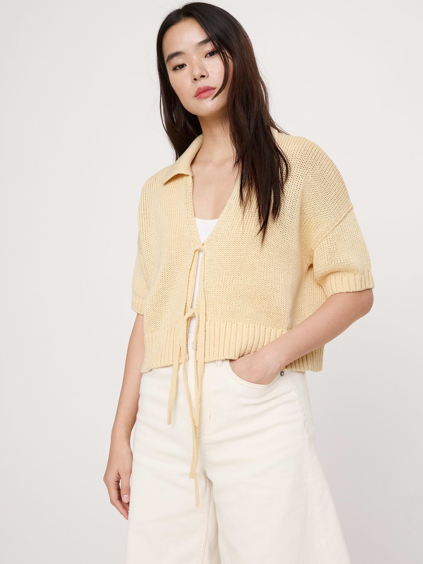 Image number 1 showing, Cotton Tie-Front Polo Cardigan