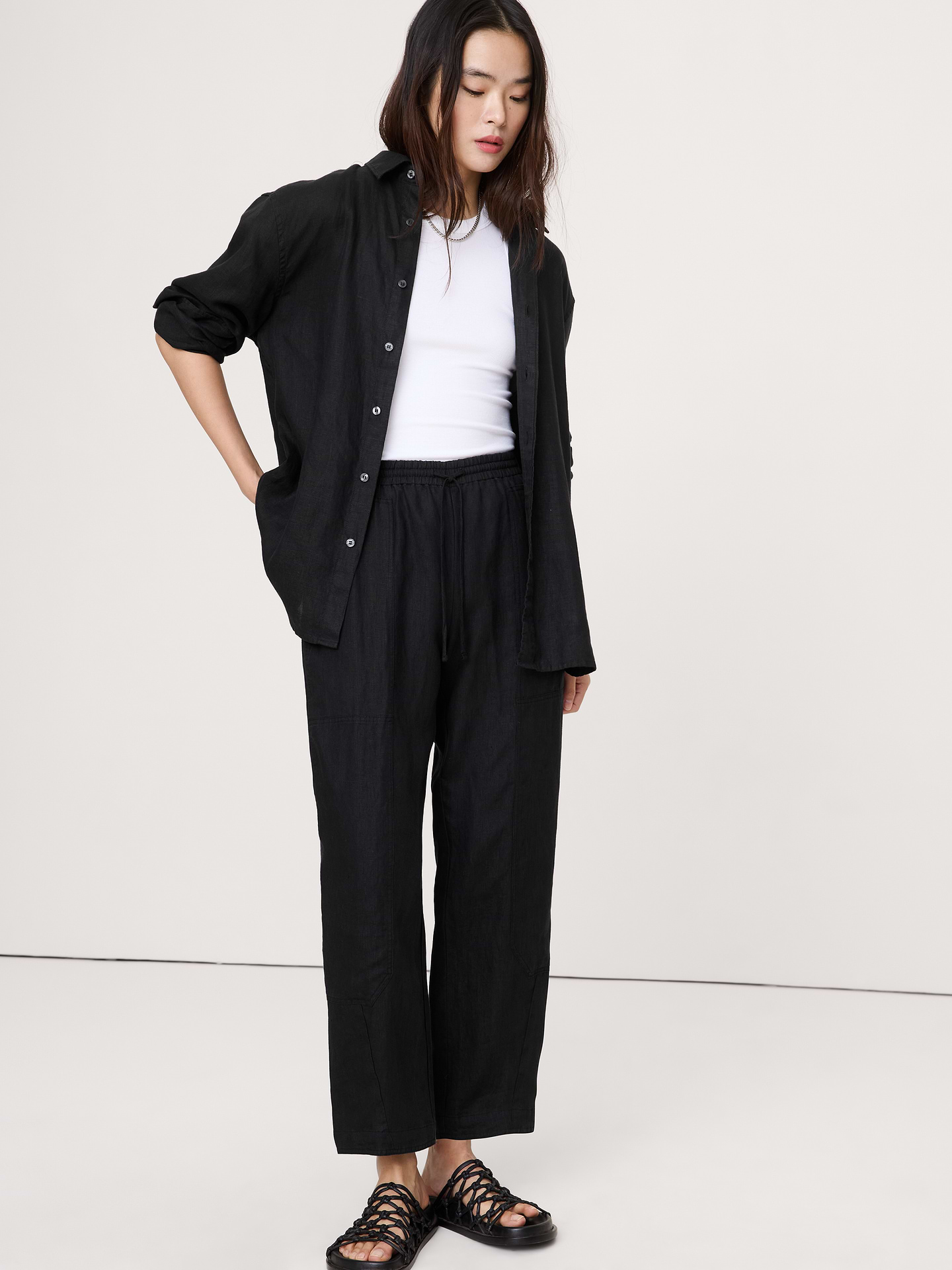 Image number 1 showing, Barrel-Leg Linen Pull-On Pant