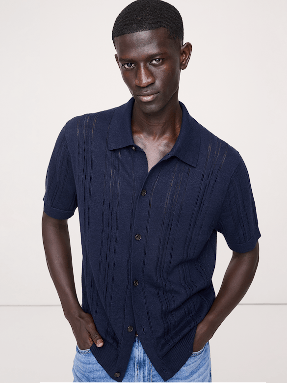 Cardigan à col polo en pointelle de lin et coton