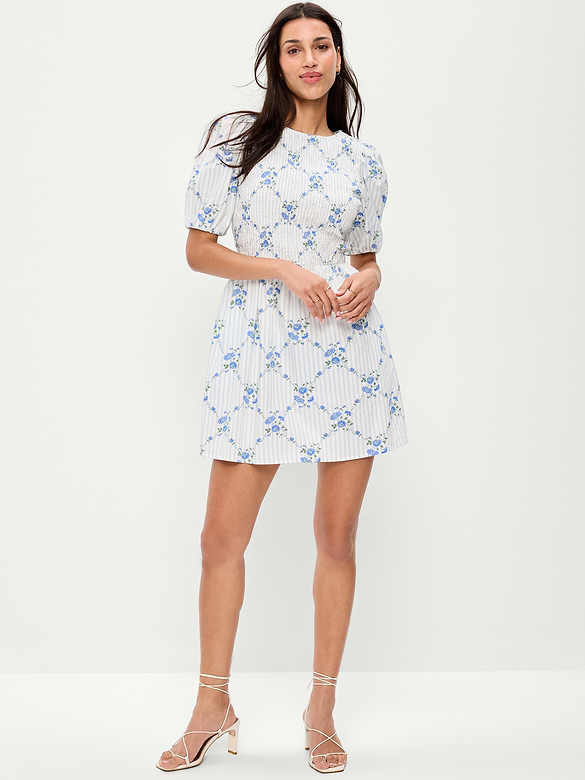 Puff-Sleeve Smocked Fit & Flare Mini Dress