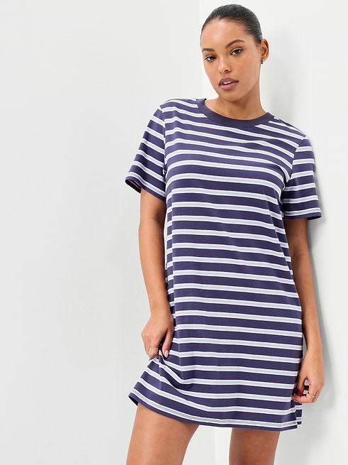 blue striped t shirt dress Staple The Label Mathilde Mini In Stripe Length 36 1/8” XS Tola Striped Shirt Dress
