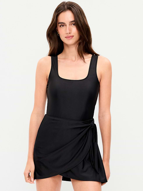 old lady swim dress Navy Women's Matte Side-Tie - Black beach seniors 70 year old woman bathing suit