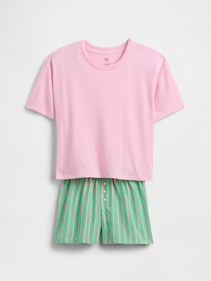 Image 1 of 3, This product is made with/contains 100% recycled polyester. Compared to virgin materials, using recycled materials helps reduce resource use and waste., Soft jersey tee with smooth poplin shorts., Dropped shoulder, short sleeves., Crewneck., Elasticized waist, buttons at faux fly., Select styles have allover print or stripes at bottoms., This product was made in a factory that invests in gender equity and women’s empowerment through RISE. Learn more at gapinc.com/equity., Product #1172765