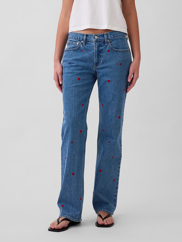 Mid Rise Embroidered Relaxed Straight Jeans