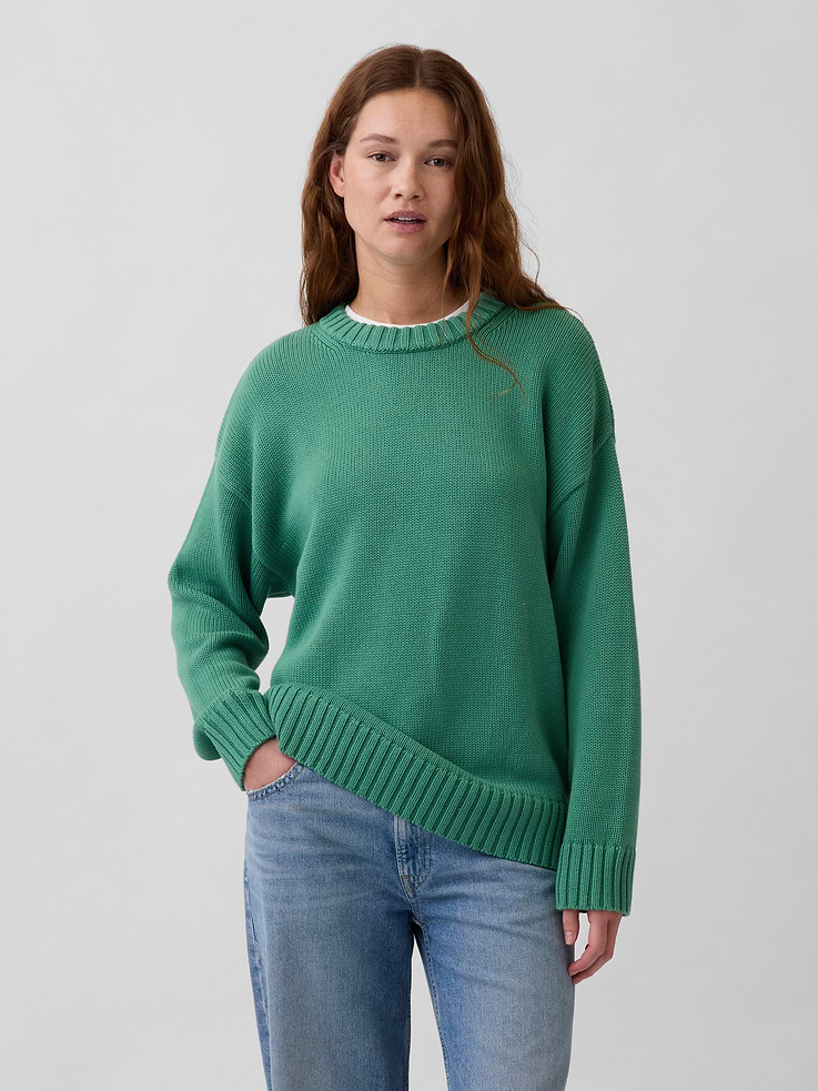 Image 1 of 5, Soft 100% cotton knit oversized sweater., Double-layer crewneck., Long sleeves with drop shoulders and banded cuffs., Certain styles have allover stripes., Ribbed hem., This product was made in a factory that invests in gender equity and women’s empowerment through RISE. Learn more at gapinc.com/equity ., Product #820732