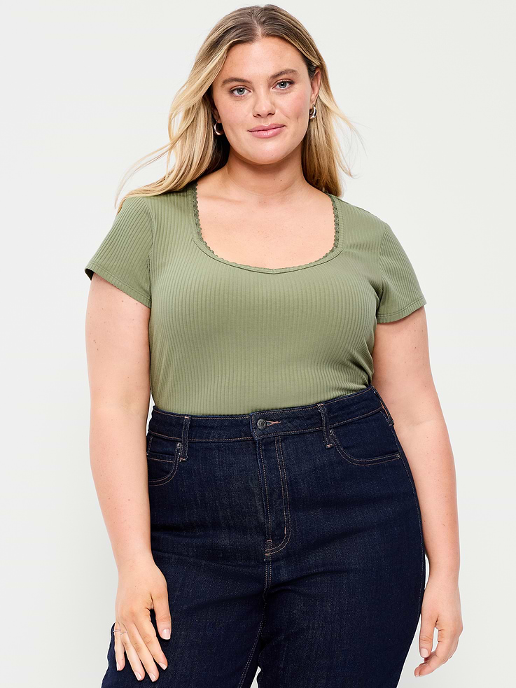Image number 8 showing, Lace-Trim Sweetheart-Neck Ribbed Top