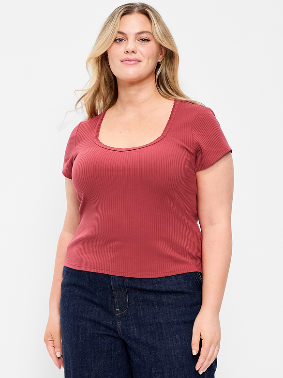Lace-Trim Sweetheart-Neck Ribbed Top
