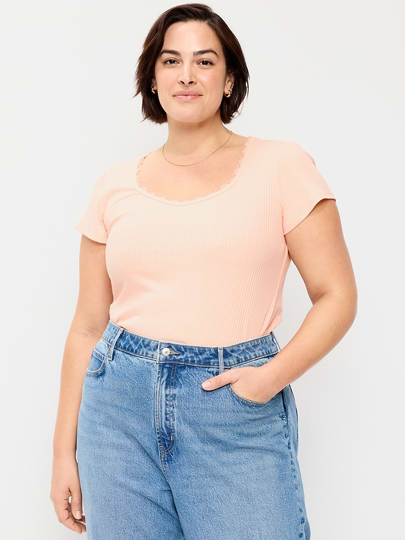 Lace-Trim Sweetheart-Neck Ribbed Top