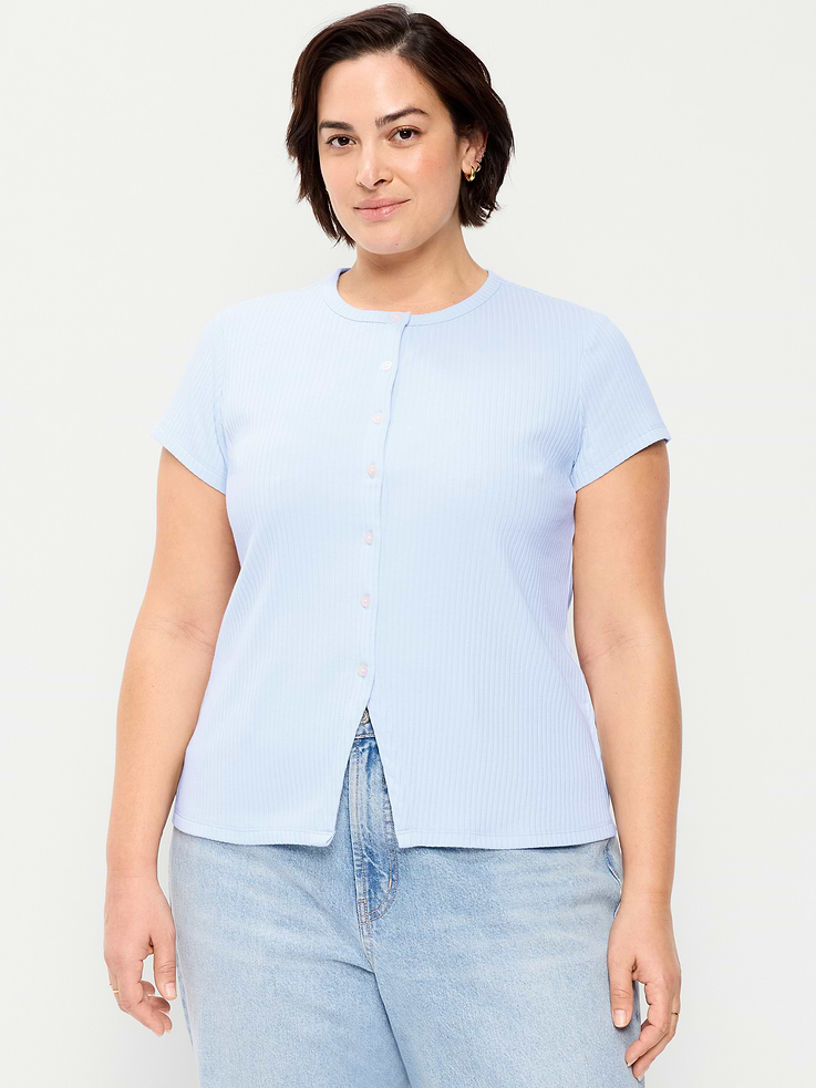 Image number 7 showing, Short-Sleeve Ribbed Button-Down Top
