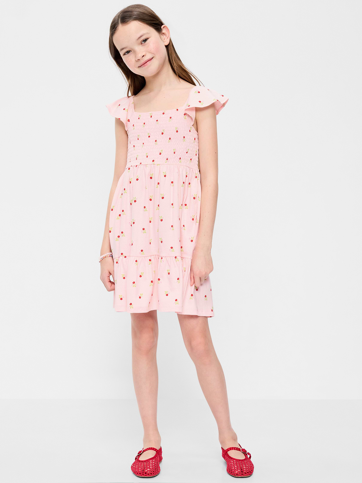 L'image numéro 1 présente Robe à smocks ajustée et évasée à motif pour fille