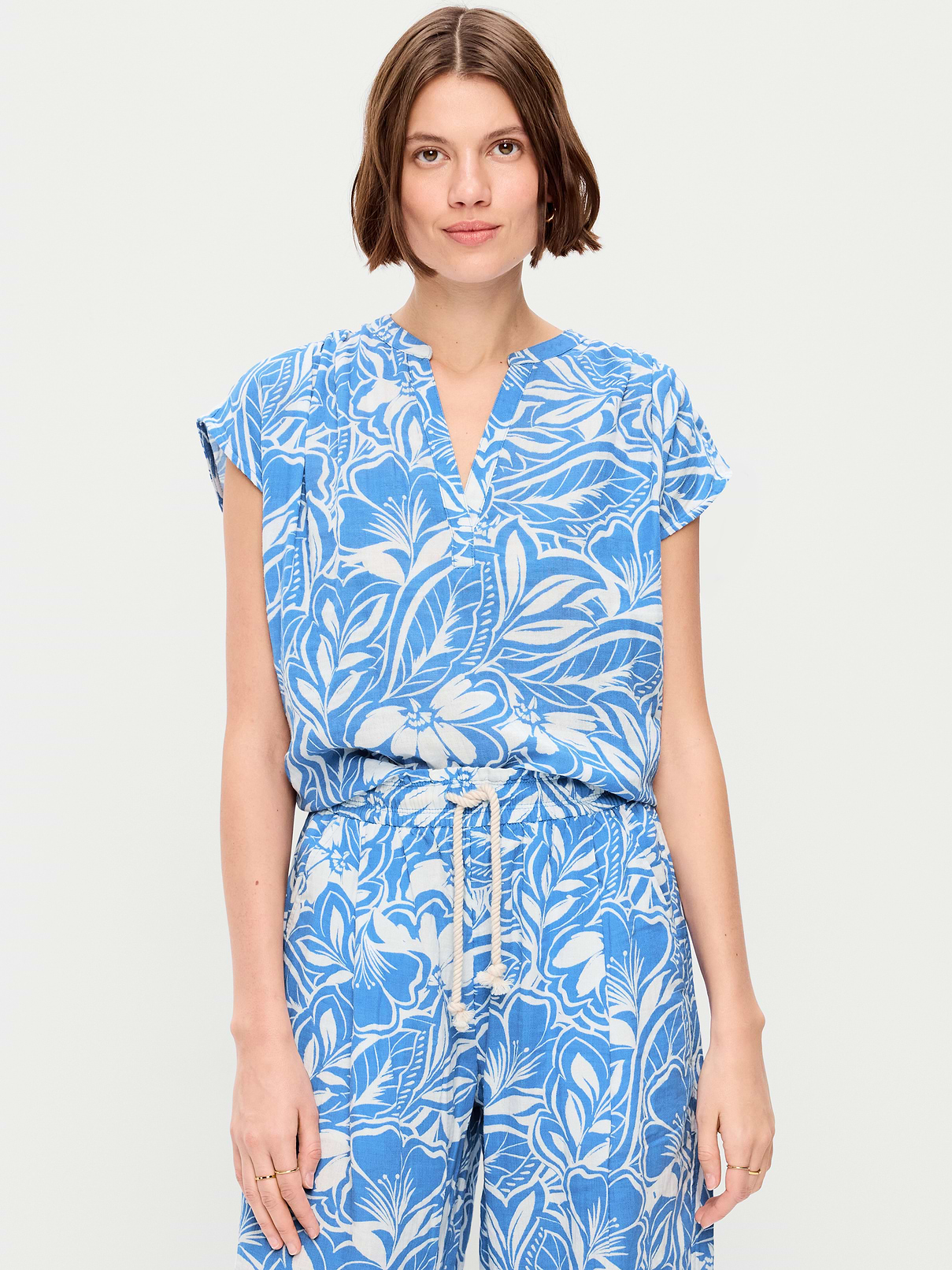 Short-Sleeve Crinkle Gauze Popover Top