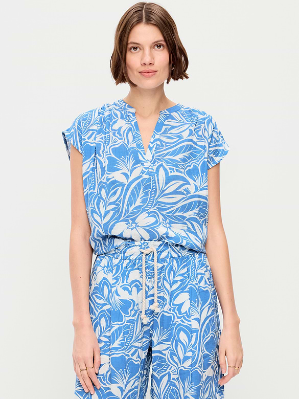 Short-Sleeve Crinkle Gauze Popover Top