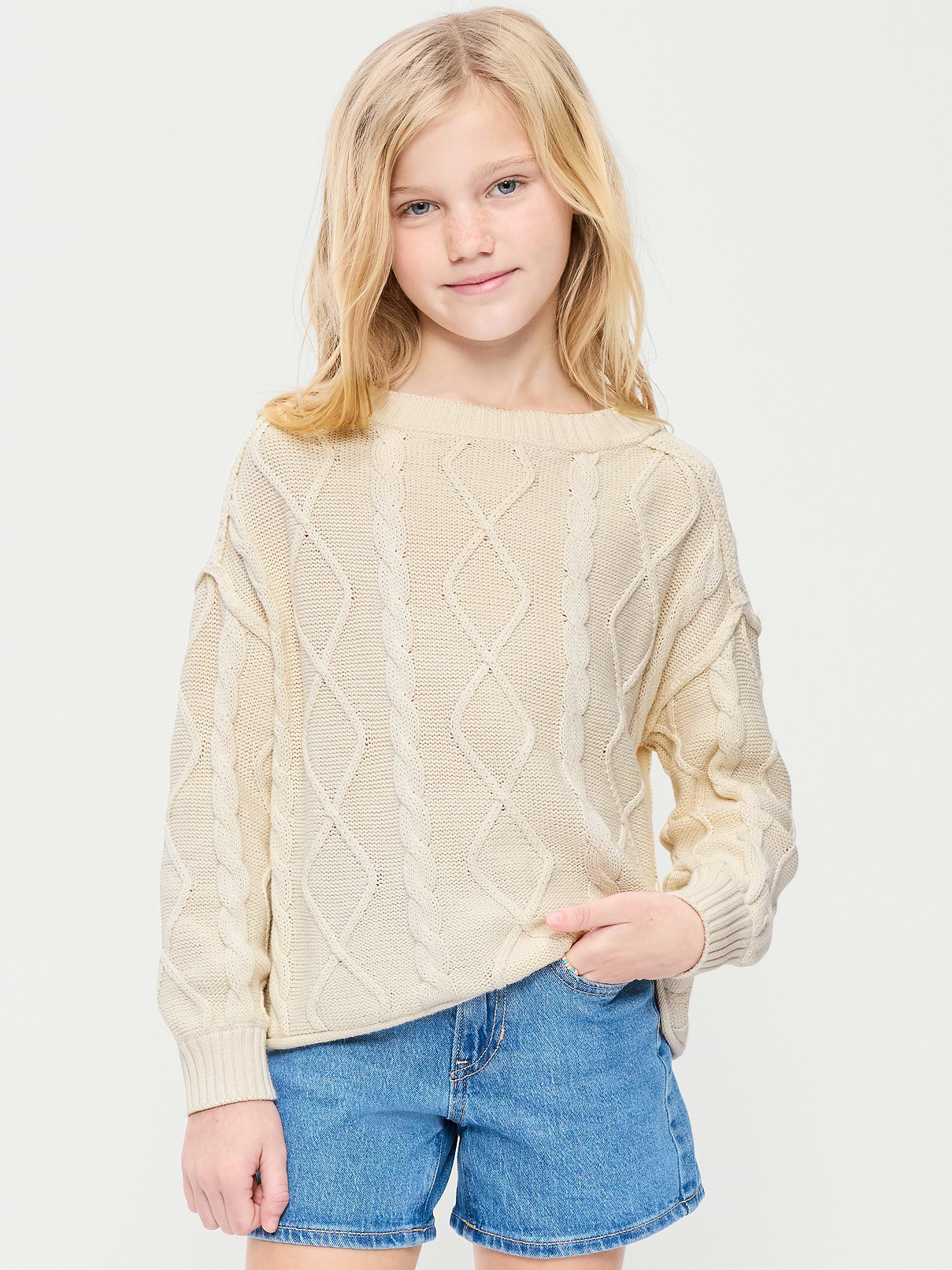 Image number 1 showing, Oversized Long-Sleeve Cable-Knit Sweater for Girls