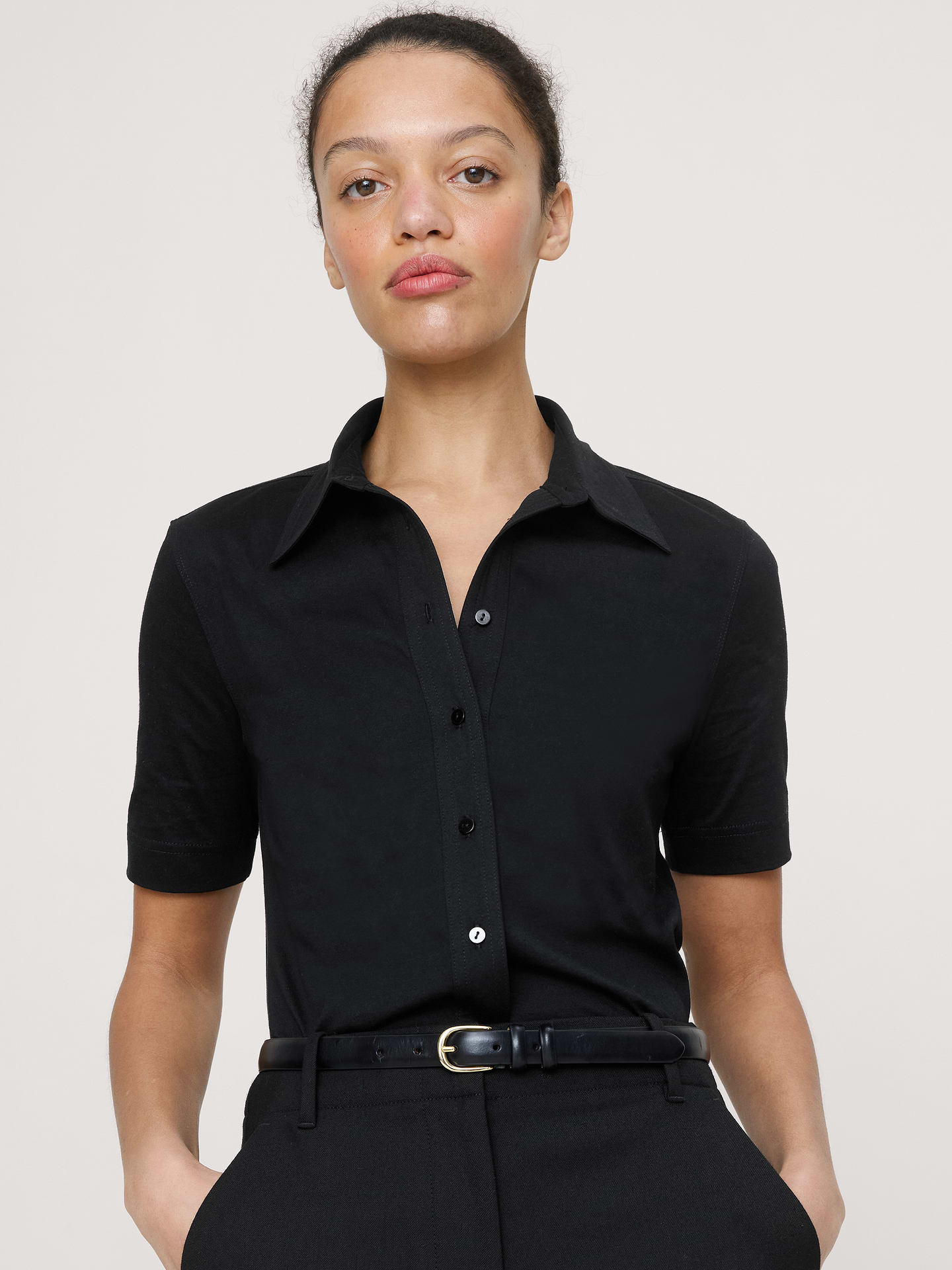 Image number 4 showing, Silky Cotton Short-Sleeve Button-Down Top