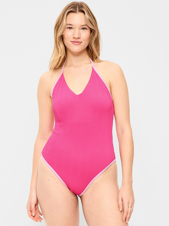 Ribbed V-Neck Halter One-Piece Swimsuit