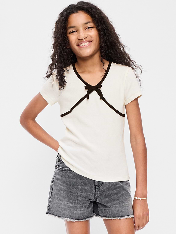Fitted Short-Sleeve Ribbed Bow Top for Girls