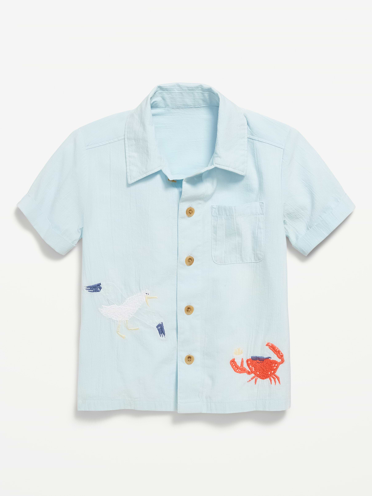 Image 1 of 3, spread collar, short sleeves, full length button front, embroidered graphic, Product #885159