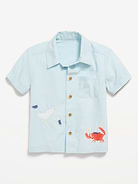 Image 1 of 3, spread collar, short sleeves, full length button front, embroidered graphic, Product #885159