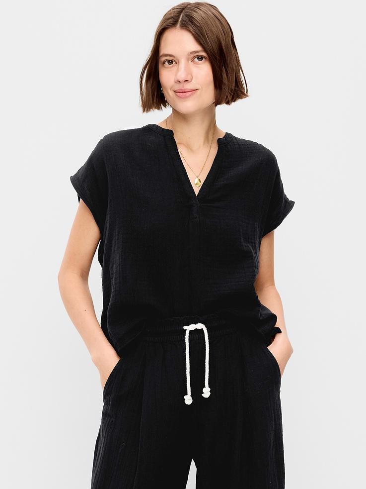 Image number 1 showing, Short-Sleeve Crinkle Gauze Popover Top