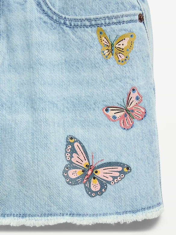 Short en denim à motif à taille haute et à ourlet effiloché pour fille