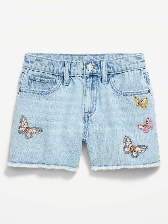 Short en denim à motif à taille haute et à ourlet effiloché pour fille