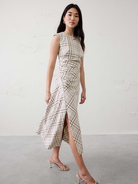 High-Neck Shirred Midi Dress