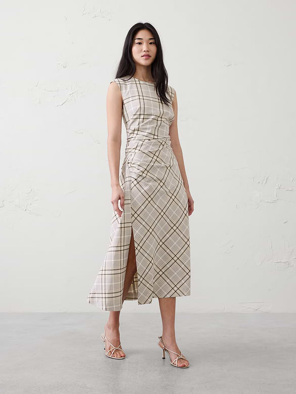 High-Neck Shirred Midi Dress