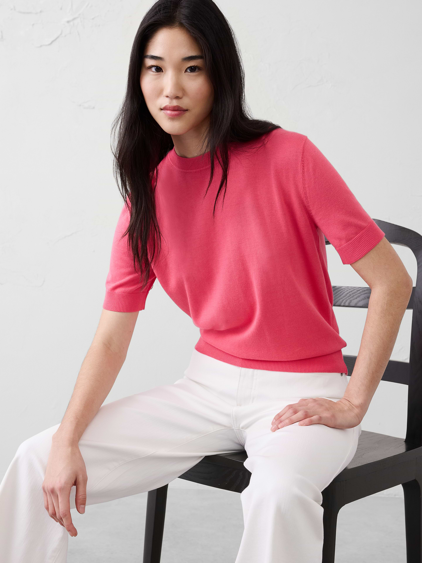 Image 1 of 8, Thoughtfully made with 40% Livaeco™ Viscose, produced from sustainable sourced renewable raw material and manufactured using closed-loop process that use up to 60% less water as compared to generic viscose., Lightweight fine gauge knit—perfect for layering or lounging., Crew neck. Short sleeves., Ribbed neck, arm cuffs and hem., Made exclusively for Banana Republic Factory., Product #872836