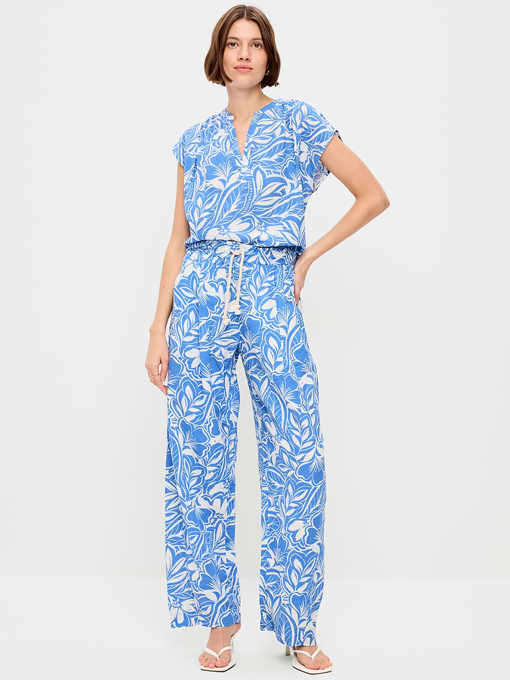 L'image numéro 1 présente Pantalon coupe baril longueur cheville à taille haute en gaze froissée
