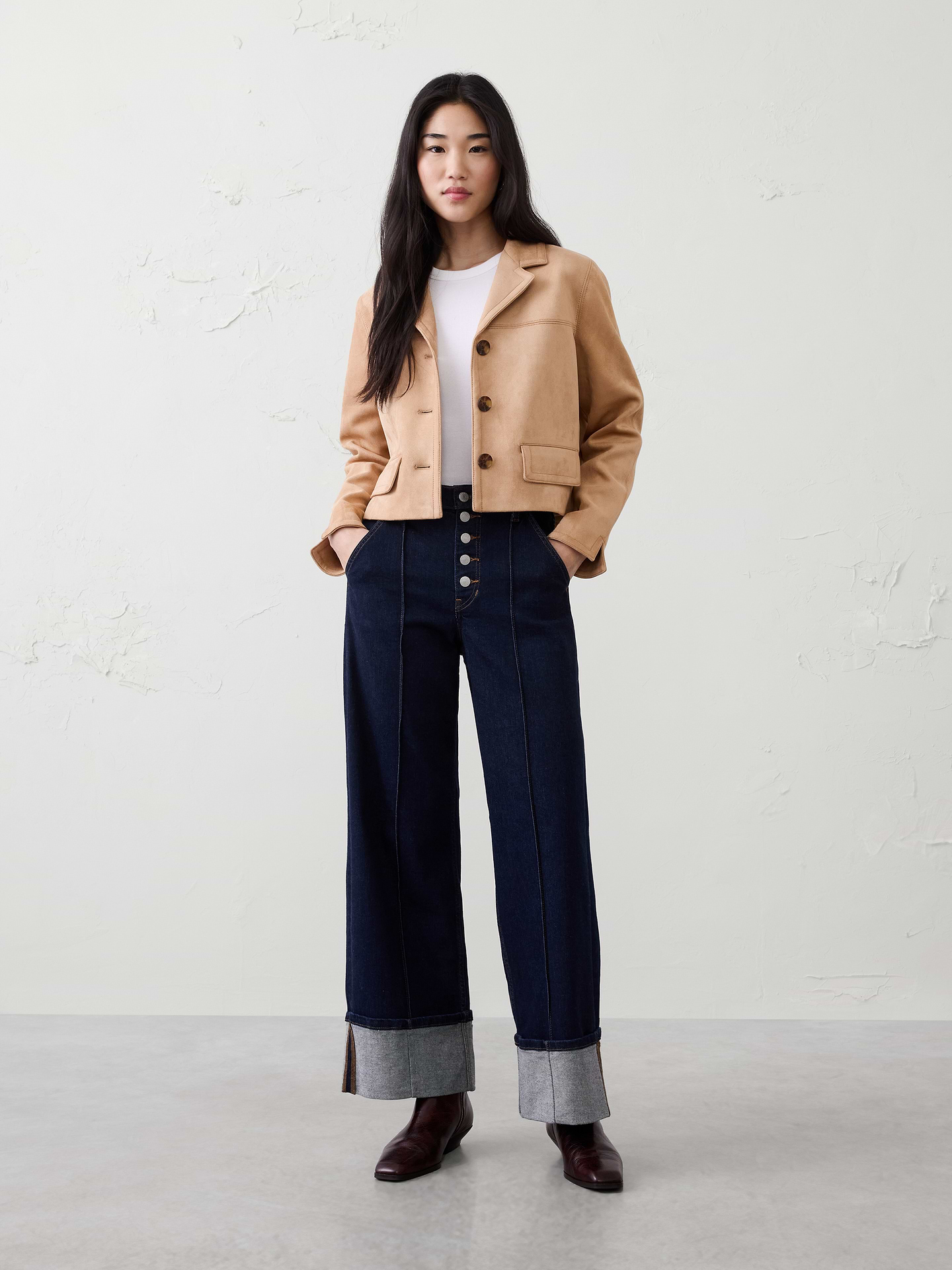Image number 1 showing, Wide-Leg High-Rise Pintuck Cuffed Jean