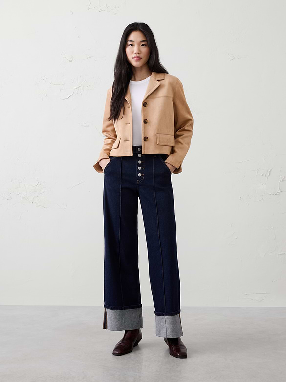 Wide-Leg High-Rise Pintuck Cuffed Jean
