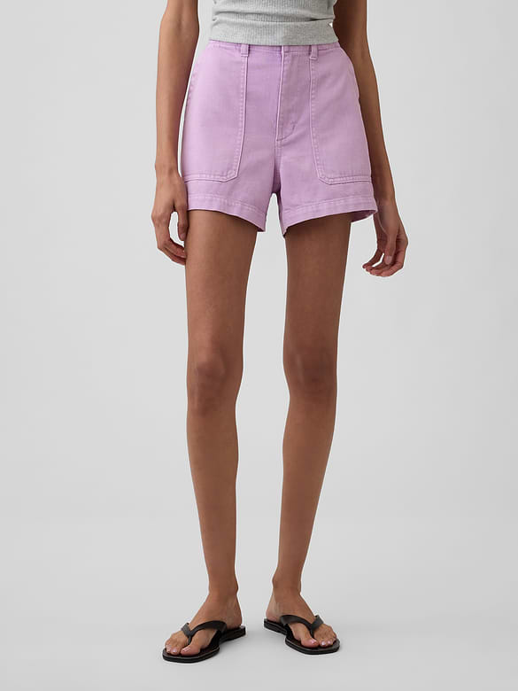 4" High Rise Soft Denim Utility Shorts