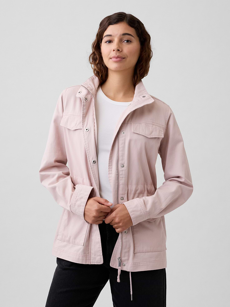 Image 1 of 5, Smooth twill weave., Long sleeves with snap cuffs., Stand collar, snap and zip front., Interior drawcord ties., Patch pockets with snap closures at front., This product was made in a factory that invests in gender equity and women’s empowerment through RISE. Learn more at gapinc.com/equity., Product #1172456