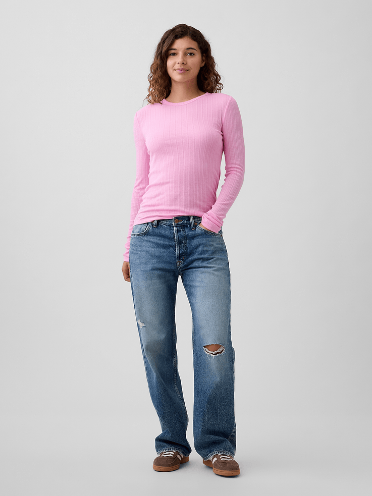 Image 3 of 5, Ribbed Pointelle Crewneck T-Shirt